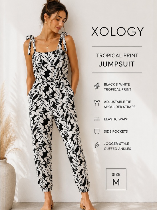 Luxology Pants - Xology Black & White Tropical Print Jumpsuit | Size Medium
